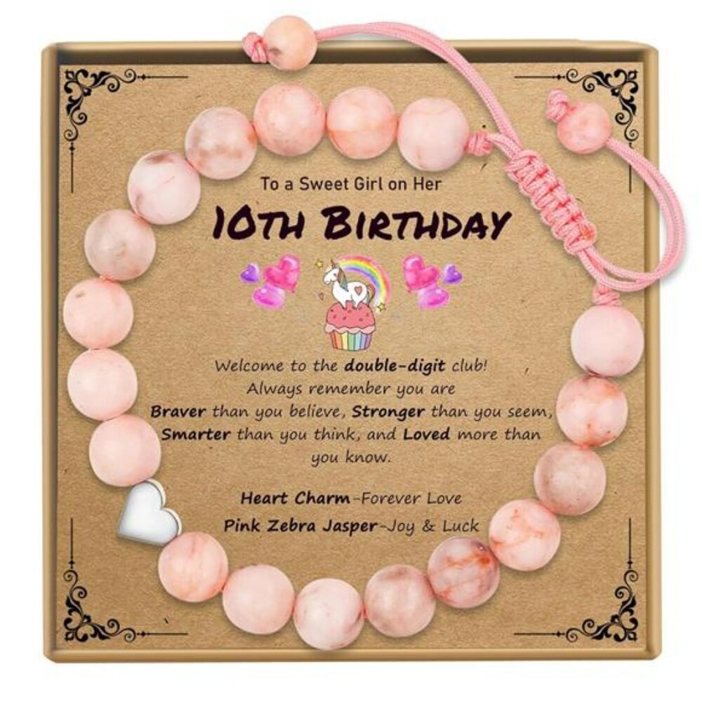 10th Birthday Bracelet Pink Beaded Adjustable Gift for Girls Daughter Niece